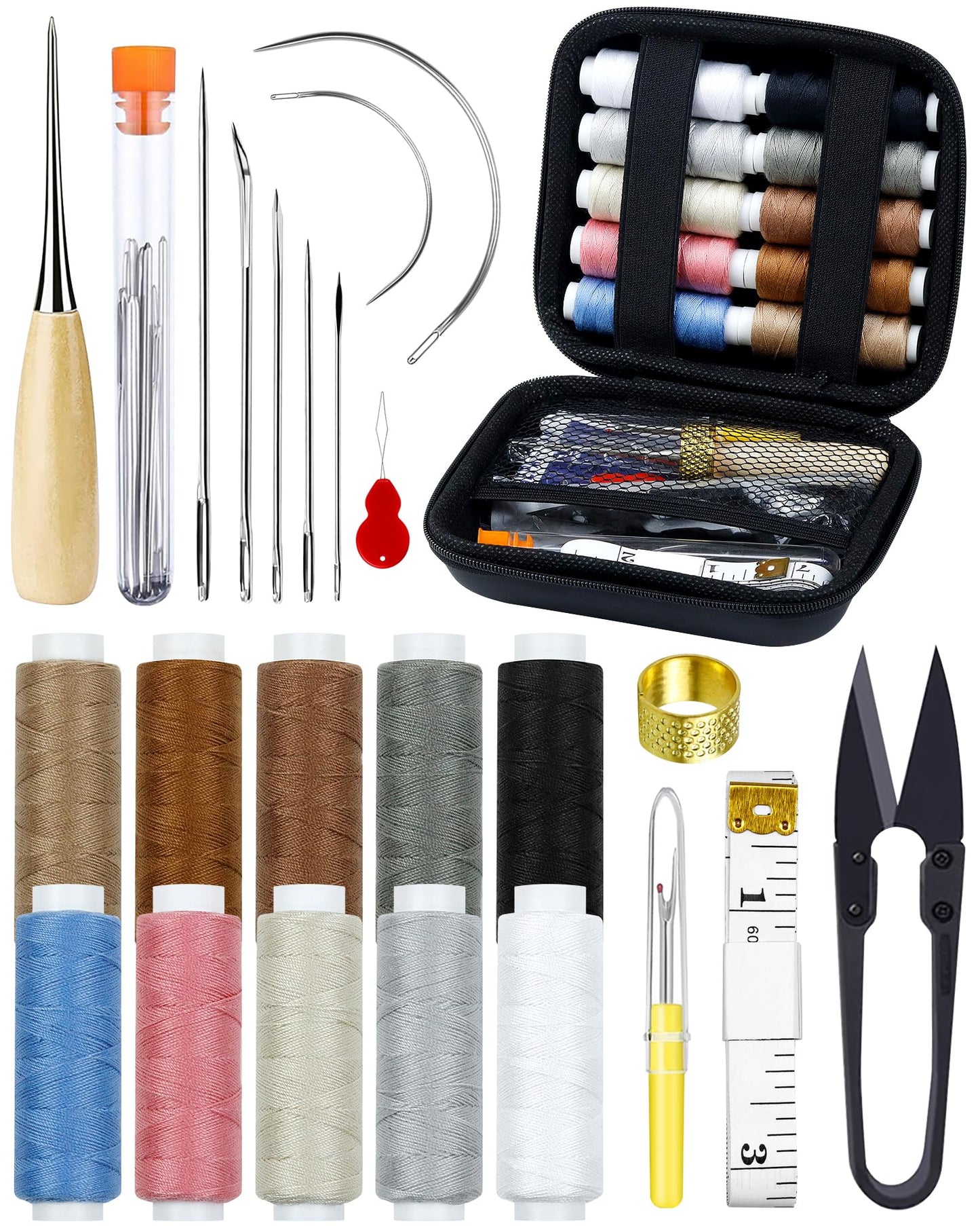 Upholstery Repair Sewing Kit: 47 Pieces Heavy Duty Sewing Kit with Sewing Awl, Seam Ripper, Leather Hand Sewing Stitching Needles, Sewing Thread for Car, Sofa, Backpack, Shoe, Craft DIY