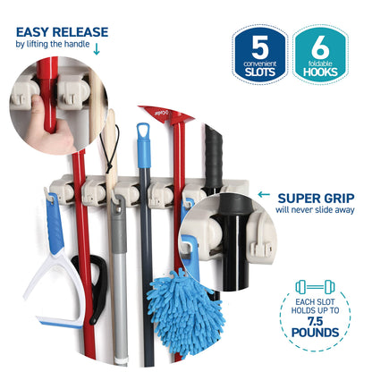 Mop and Broom Holder Wall Mount Garden Tool Storage Tool Rack Storage & Organization for the Home Plastic Hanger for Closet Garage Organizer (5-position)