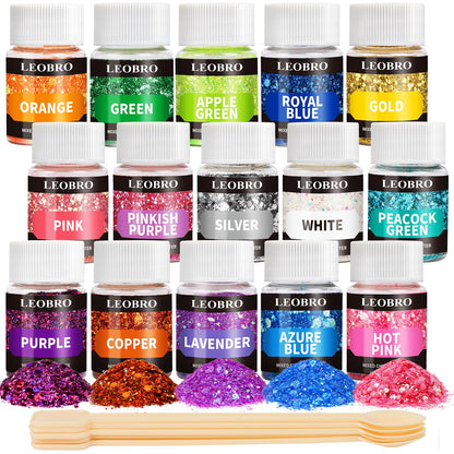 Holographic Chunky Glitter, 15 Colors Craft Glitter for Resin, Nail Body, Jewelry Arts and Crafts, with 5 Mixing Spoons