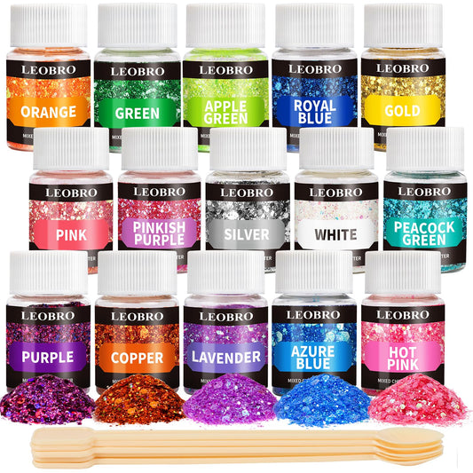 Holographic Chunky Glitter, 15 Colors Craft Glitter for Resin, Nail Body, Jewelry Arts and Crafts, with 5 Mixing Spoons