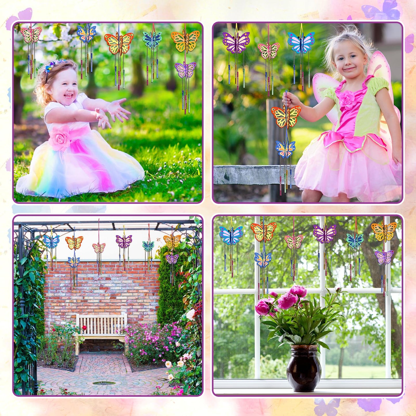 8 Pack 3D Butterfly Wind Chime Kit for Kids Make Your Own Butterfly Wind Chime Wooden Arts and Crafts for Kids DIY to Paint Butterfly Craft for Summer Spring Art Activity Birthday Party