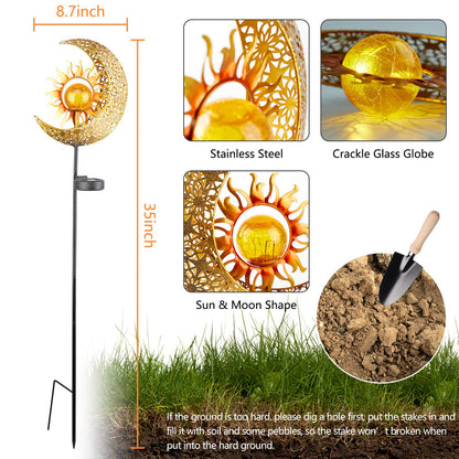 Garden Solar Lights Outdoor Decorative, Sun & Moon Crackle Glass Globe Metal Stake Light, Waterproof Warm White LED Light, Decorations for Pathway Lawn Patio Courtyard Backyard (1 Pack)
