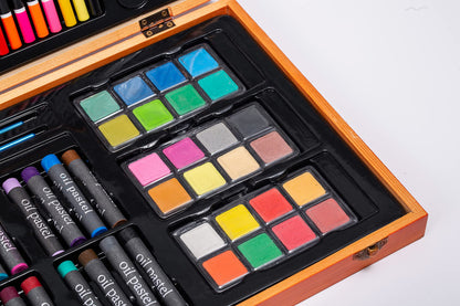 US 80+Piece Deluxe Artist Studio Creativity Set Wood Box Case - Art Painting, Sketching Drawing Set, 24 Watercolor Paint Colors, 24 Oil Pastels, 24 Colored Pencils, 2 Brushes, Starter Kit