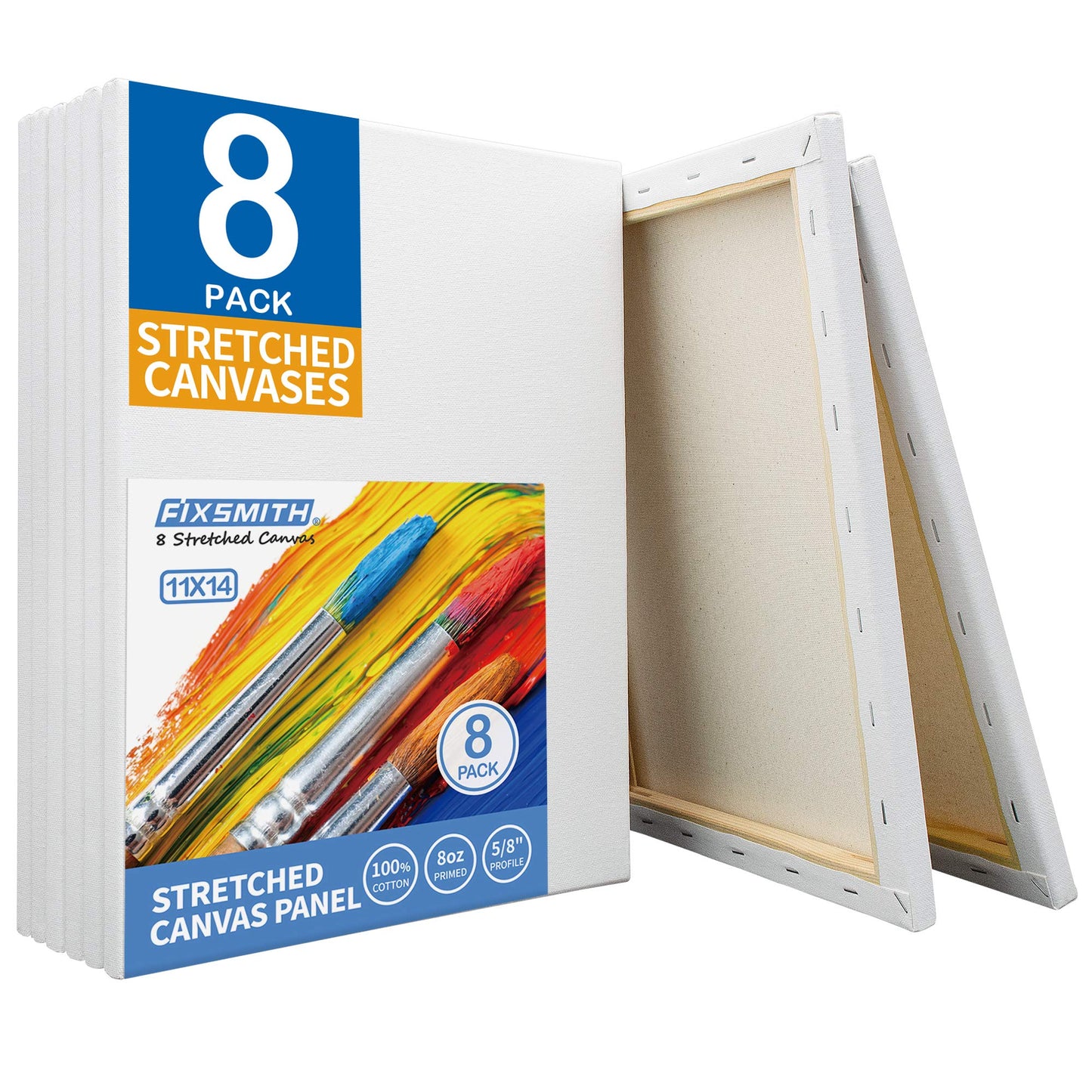 Stretched White Blank Canvas - 11x14 Inch, 8 Pack, Primed,100% Cotton,5/8 Inch Profile of Super Value Pack for Acrylics,Oils & Other Painting Media