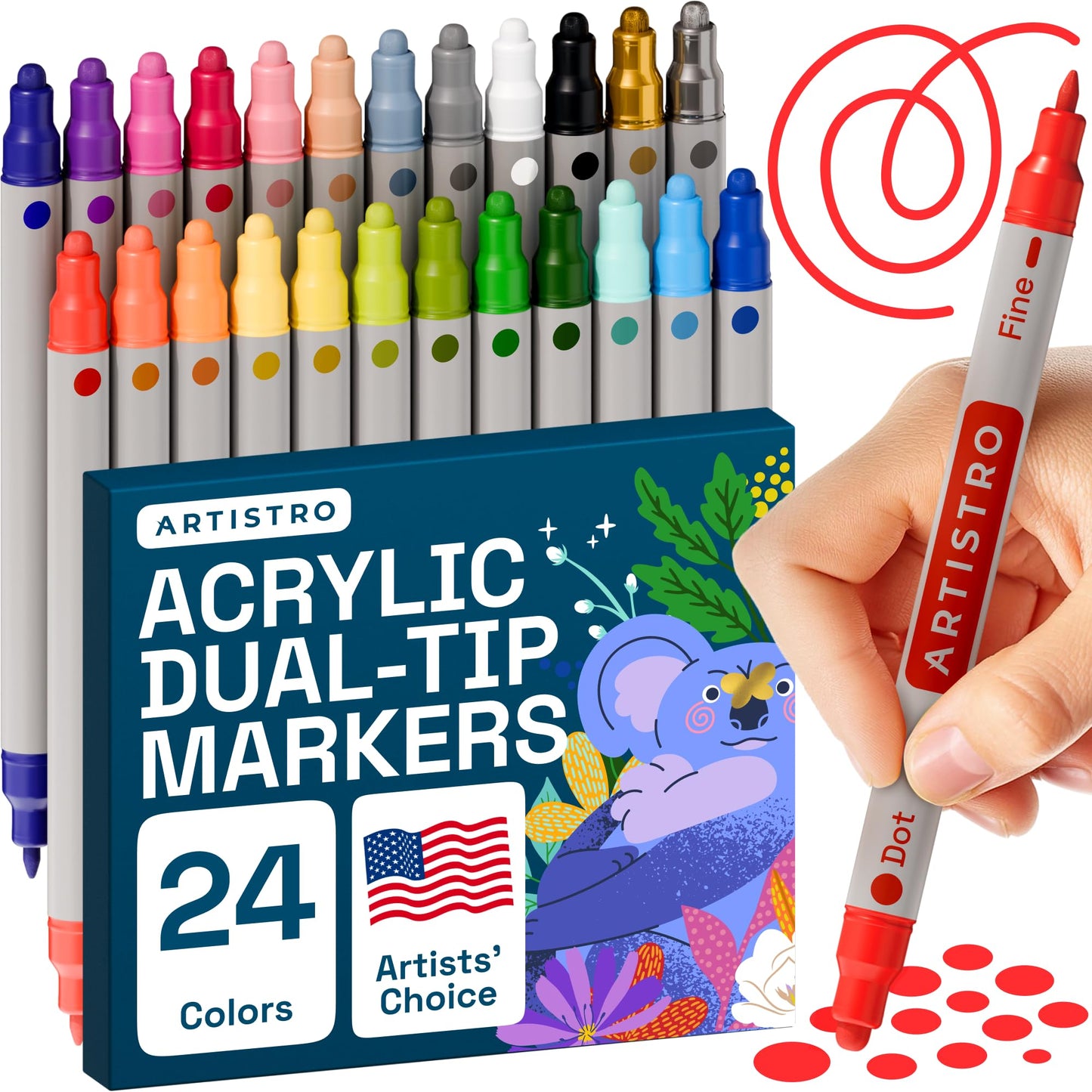 24 Dual Tip Acrylic Paint Markers, Acrylic Paint Pens, Fabric Markers for Textile, Rock, Glass, Wood, Paper, Ceramic, Canvas DIY Art Supplies Kit for Kids and Adults (Dual Tip Dot + Fine, 24)