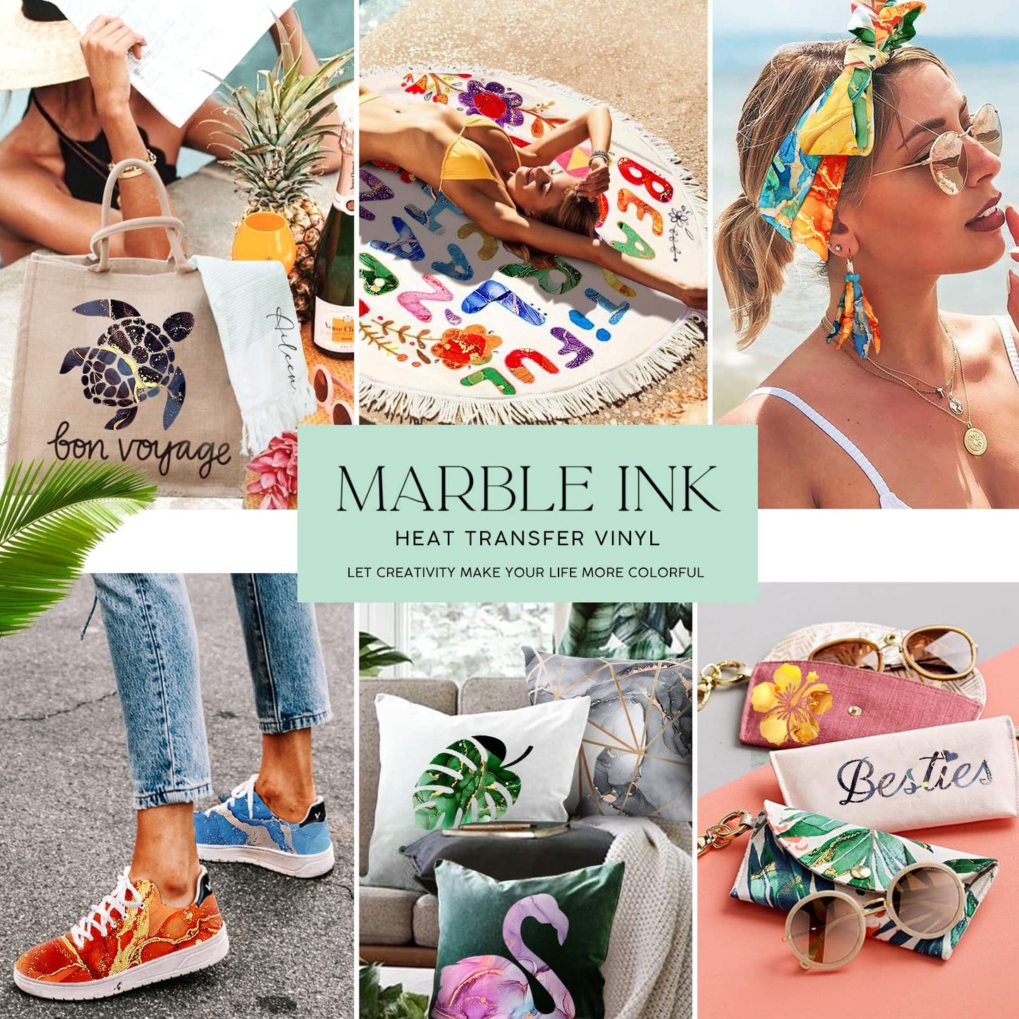 10 Sheets Marble HTV Heat Transfer Vinyl 12 x 10 Inch Tie Dye HTV Glitter Watercolor Pattern Vinyl Permanent Print for T-Shirts, Clothes, Bags, Hats