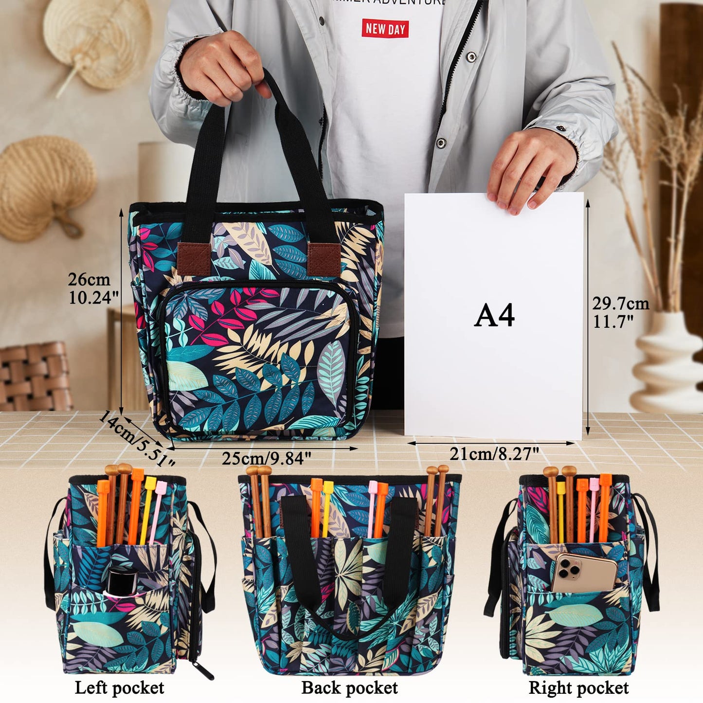 Crochet & Knitting Tote, Traveling Craft Tote Organizer for Hooks, Needles, Skein, Diamond Painting, Supplies (Forest Green)