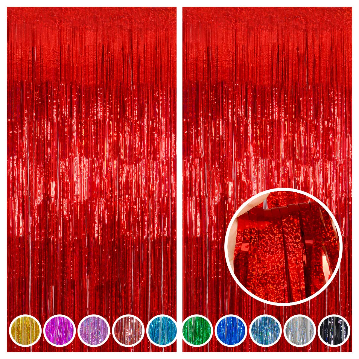 2 Pack Red Tinsel Foil Fringe Curtains Backdrop, Sparkle Tinsel Backdrop Curtains for Memorial Day Decorations Graduation Class of 2025 Birthday Party Decorations