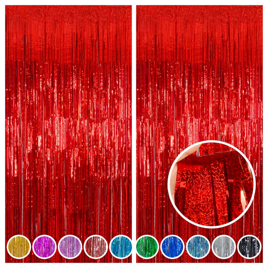 2 Pack Red Tinsel Foil Fringe Curtains Backdrop, Sparkle Tinsel Backdrop Curtains for Memorial Day Decorations Graduation Class of 2025 Birthday Party Decorations