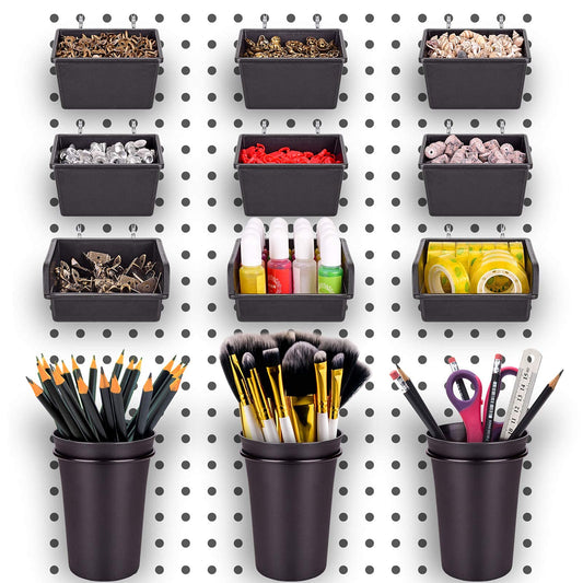 12 Pack Pegboard Bins PegBoard Cups with Hooks & Loops, Peg Hooks Assortment Organizer Accessory, Various Tools Storage Arrange System Kit, for Garage Craft Workshop Workbench Hobby Office