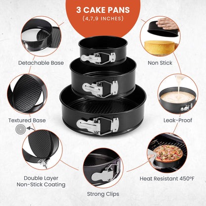 100PCs Cake Pan Sets for Baking - Baking Supplies with 3 Nonstick Springform Pans (4, 7, 9 Inch), Piping Tips, Cake Leveler – Multifunctional Cheesecake Pan, Baking Pans Set & eBook