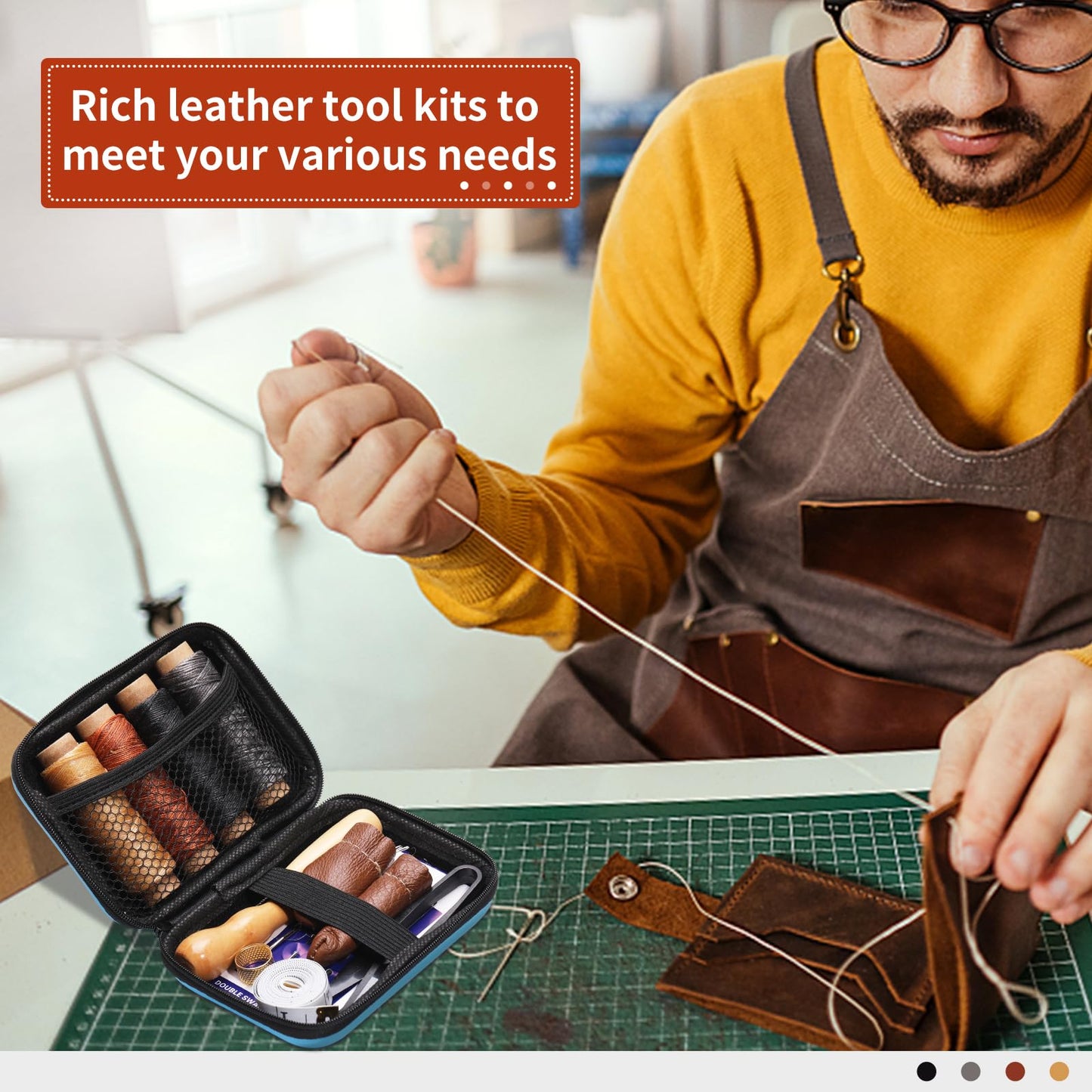 Leather Sewing Kit, Leather Stitching Kit with Sewing Awl, Needles, Waxed Thread, Upholstery Repair Kit, Heavy Duty Sewing Tools for Hand Stitching Car Seats, Sofa, Carpets, Shoes, DIY Craft
