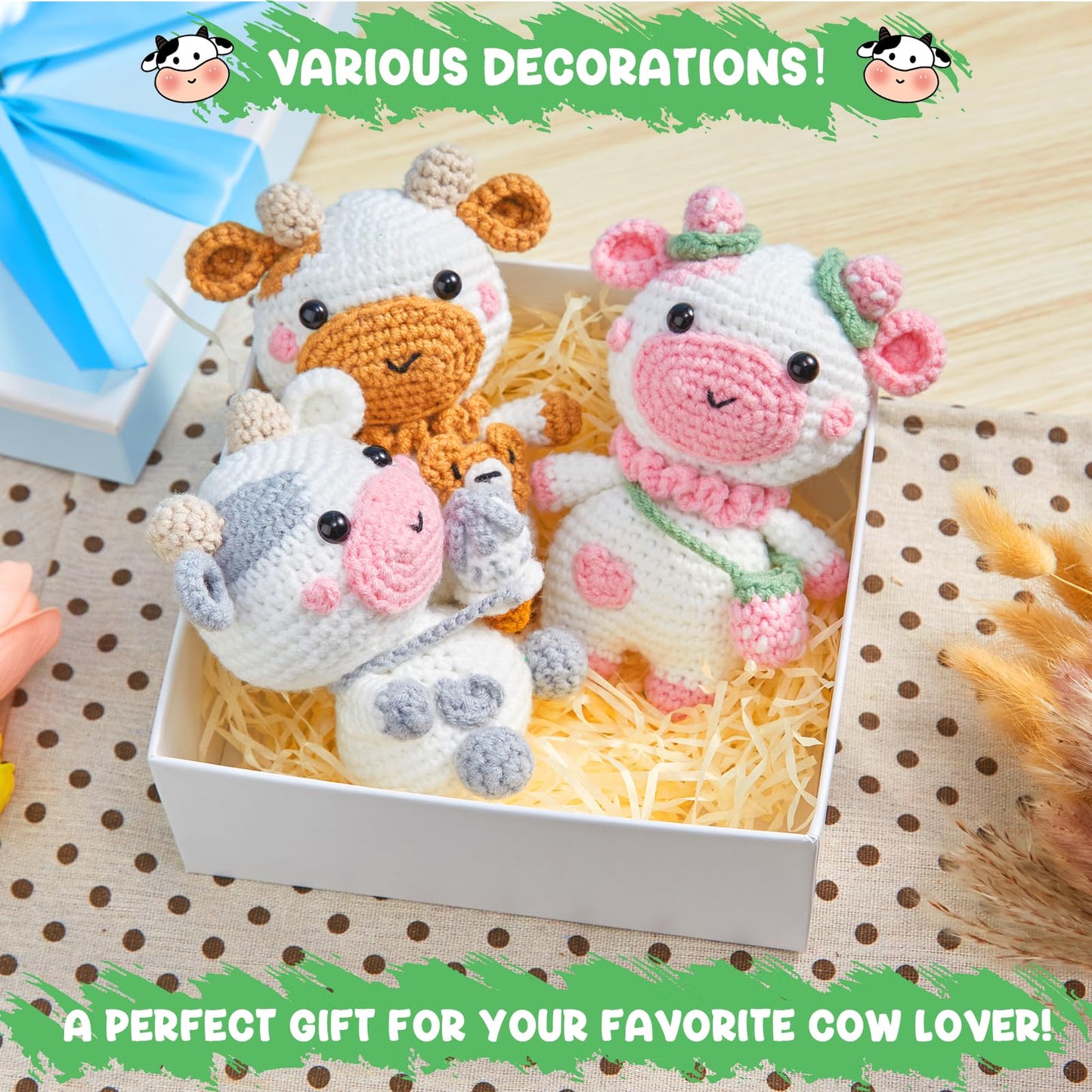 Crochet Kit for Beginners, Crochet Starter Kits for Adults w Step-by-Step Video Tutorials, Amigurumi Craft DIY Knitting Supplies, Crocheting Animals Kits, 3 Pcs Cow (40%+ Yarn)
