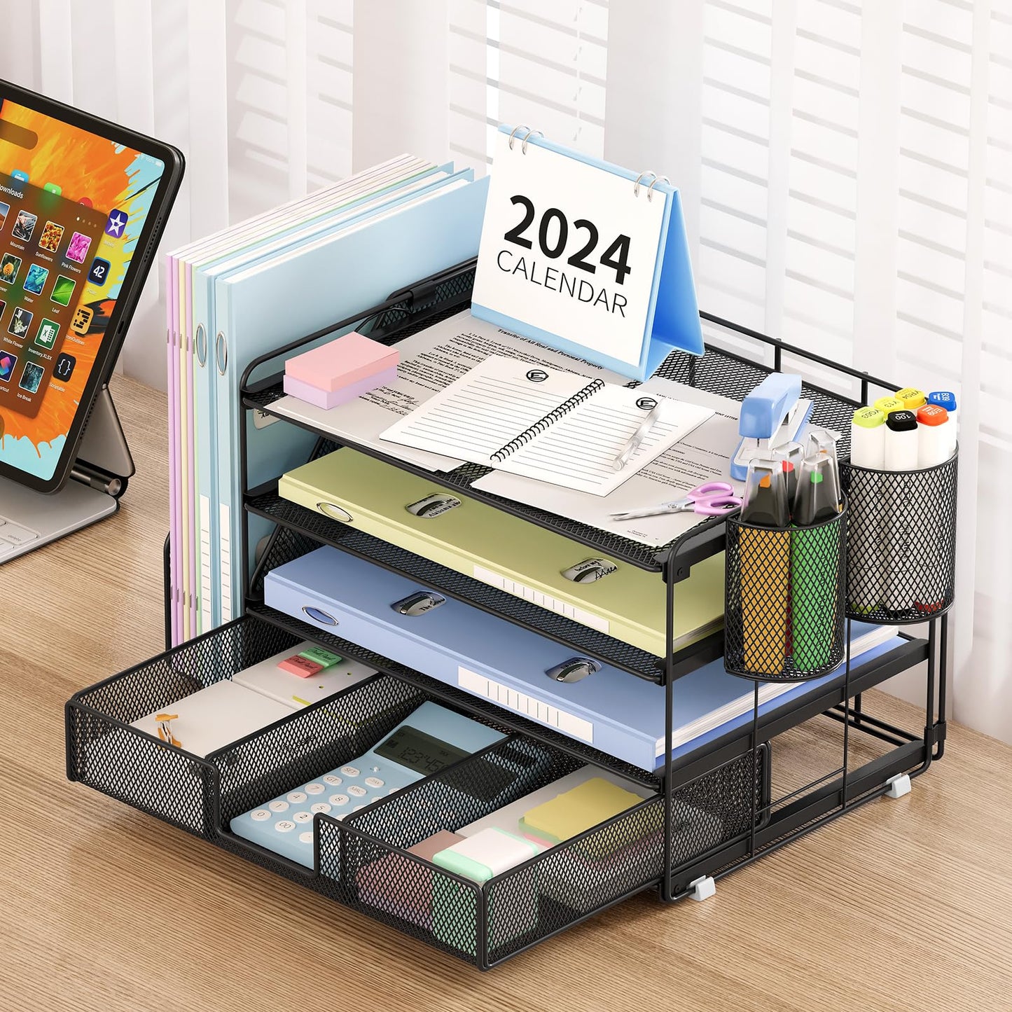 Desk Organizer and Accessories, 4-Tier Desktop File Organizer with Drawer and 2 Pen Holders, Office Desk Accessories for Office Supplies(Black)