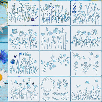 20 Pieces Wildflower Stencils for Painting Template Flower Wall Stencils Reusable Spring Templates PET DIY Drawing for Painting on Wood Wall(Rectangular Style)