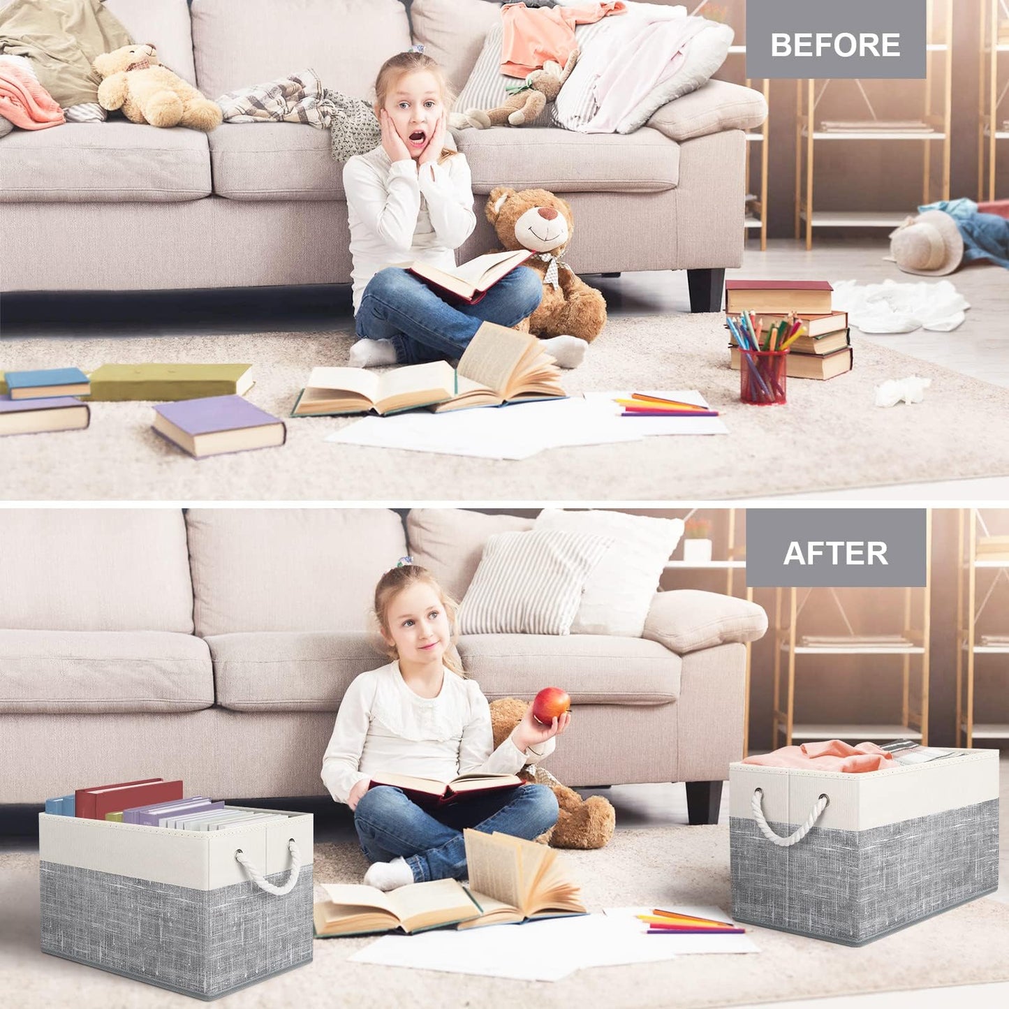 Storage Bins [3-Pack], Foldable Storage Baskets for Organizing Toys, Books, Shelves, Closet, Large Storage Box with Rope Handles, Sturdy Organizer Bins, White & Grey