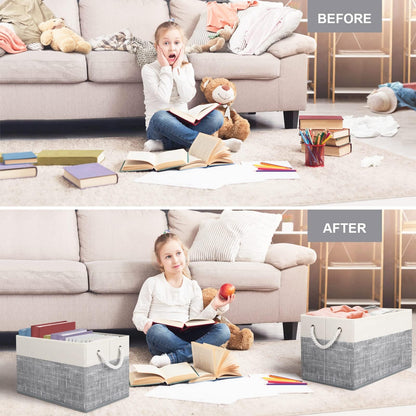 Storage Bins [3-Pack], Foldable Storage Baskets for Organizing Toys, Books, Shelves, Closet, Large Storage Box with Rope Handles, Sturdy Organizer Bins, White & Grey