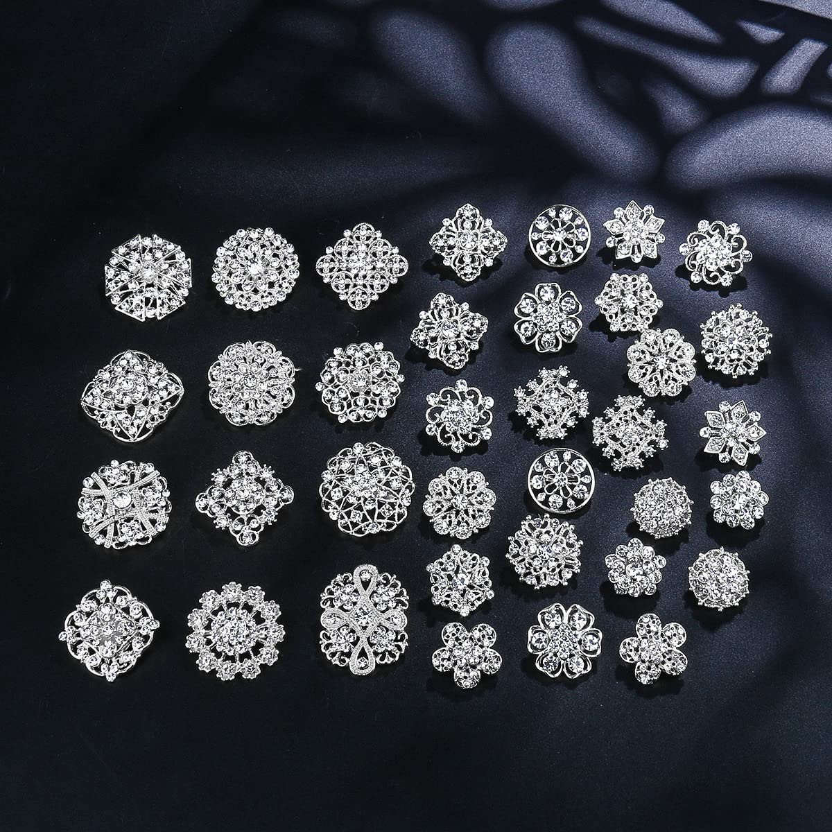 36 Pieces Crystal Rhinestone Flower Brooches for DIY Craft Party (Silver 36pcs)