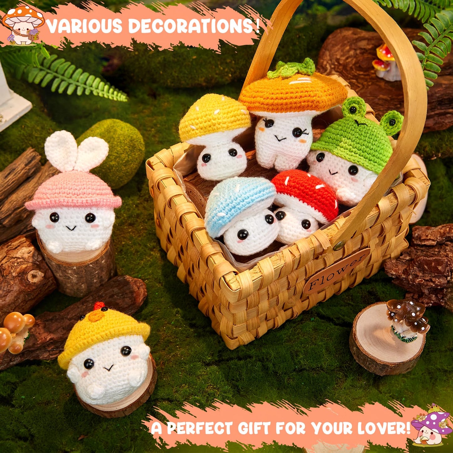 Crochet Kit for Beginners, Crochet Starter Kits for Adults Amigurumi Craft Knitting Crocheting Kits with Step-by-Step Video Tutorials, Mushroom Family(40%+ Yarn