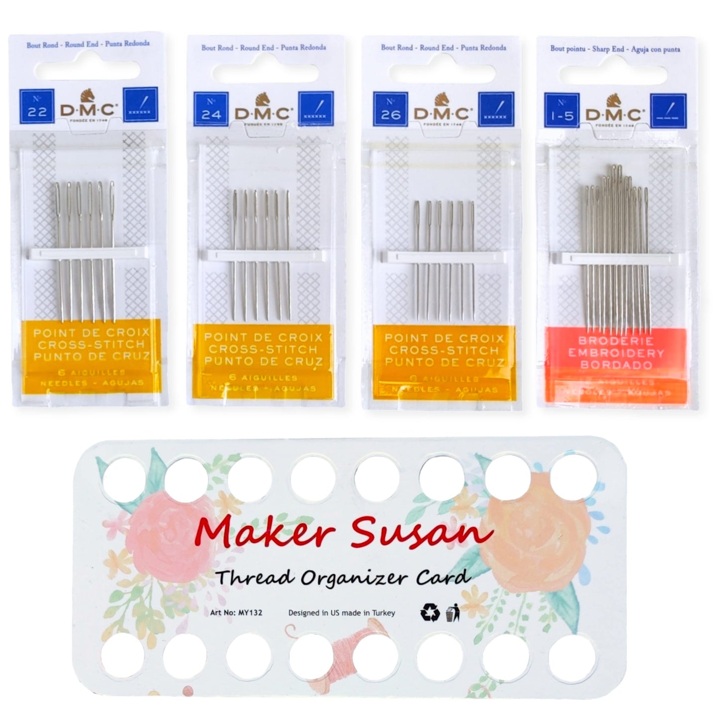 Cross Stitch Needles Kit - 3 Pack (22-26 & 1-5 Sizes), Blunt End, Large Eye, Organizer Card (30 Needles, 1 Card)