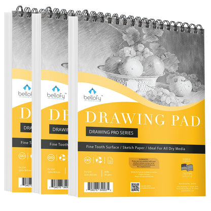 3 x Drawing Paper Pads 9” x 12” | 300 Sheets | 60lbs 85g | Acid Free Sketchbook Paper for Dry Media | Top Spiral Bound Sketchpad for Kids, Beginners, Artists & Professionals