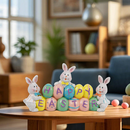 Easter Decorations Eggs Bunny, Hand-Painted Resin Tabletop Centerpiece, Decor Bunny Figurine for Home Room Table Office Party (Happy Easter)