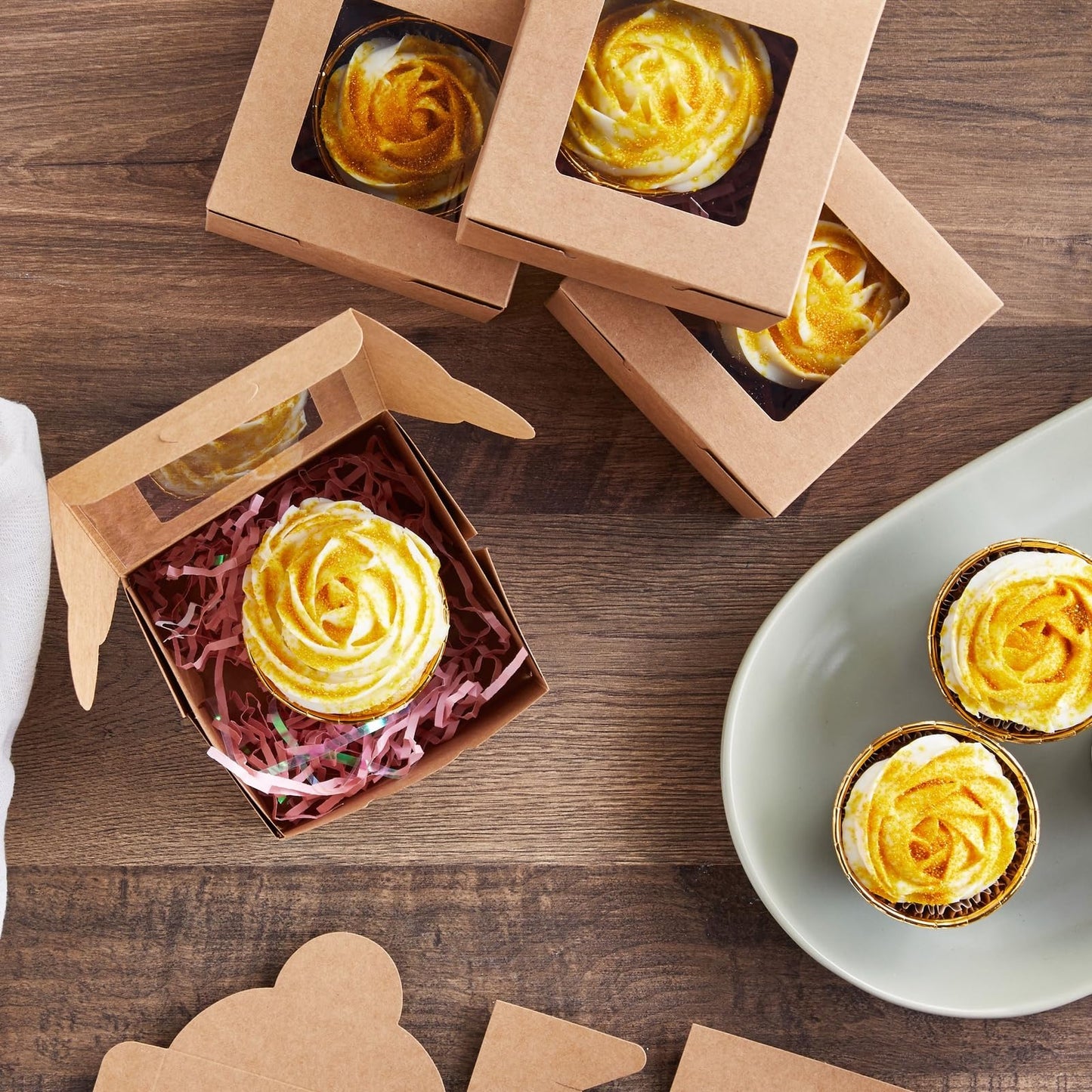 50 Pack 4x4x2.5 Mini Dessert Boxes with Window for Bakery - Baked Goods Packaging Containers for Cupcakes, Cookies, Pastry (Kraft Paper) - Cupcake Boxes