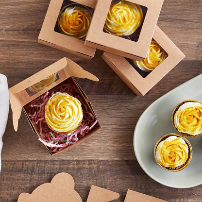 50 Pack 4x4x2.5 Mini Dessert Boxes with Window for Bakery - Baked Goods Packaging Containers for Cupcakes, Cookies, Pastry (Kraft Paper) - Cupcake Boxes