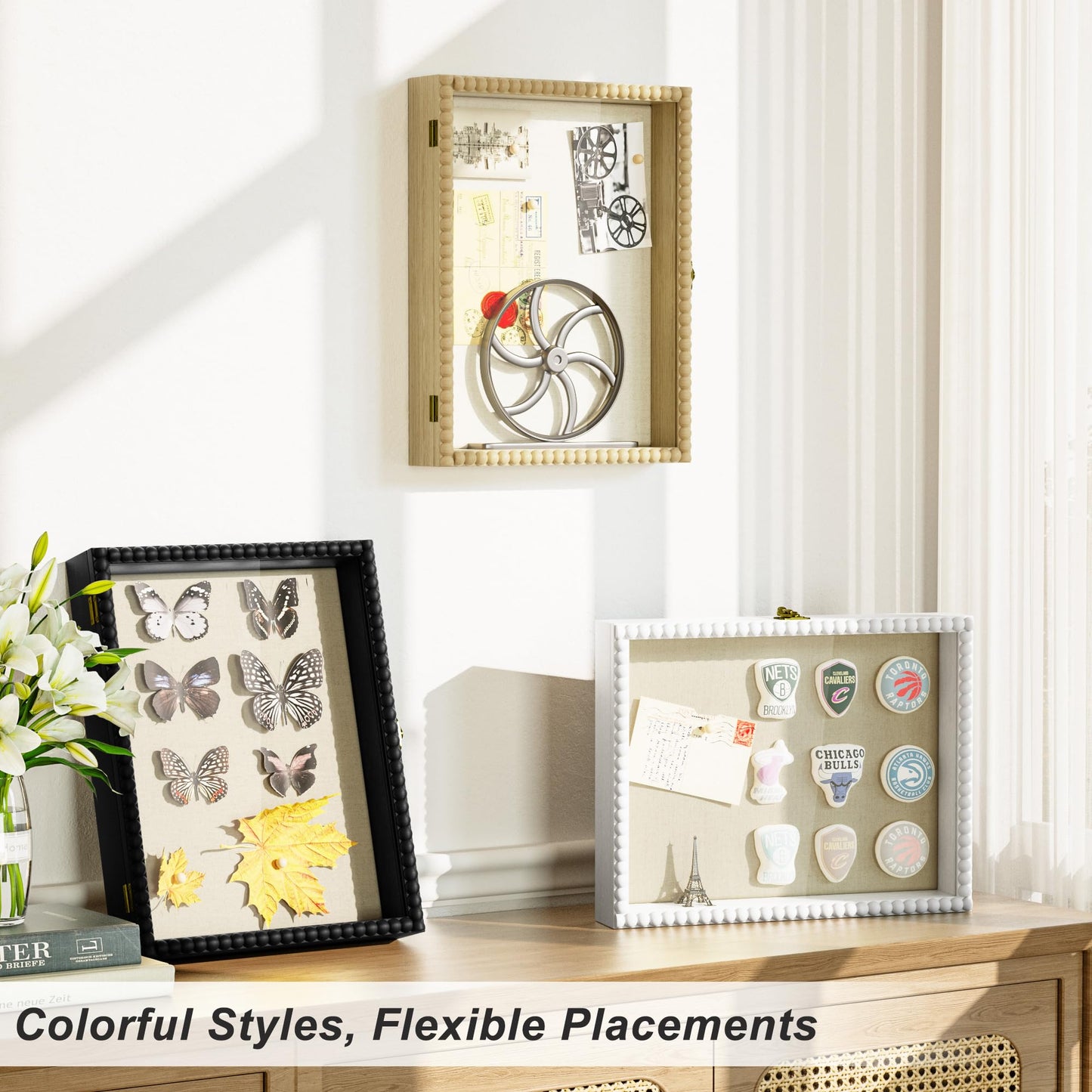 Shadow Box Frame 11x14, Deep Large Shadow Box Display Case with Unique Beads Door and Glass Window, Wood Memory Box for Pictures,Medals,Memorabilia,Collections White