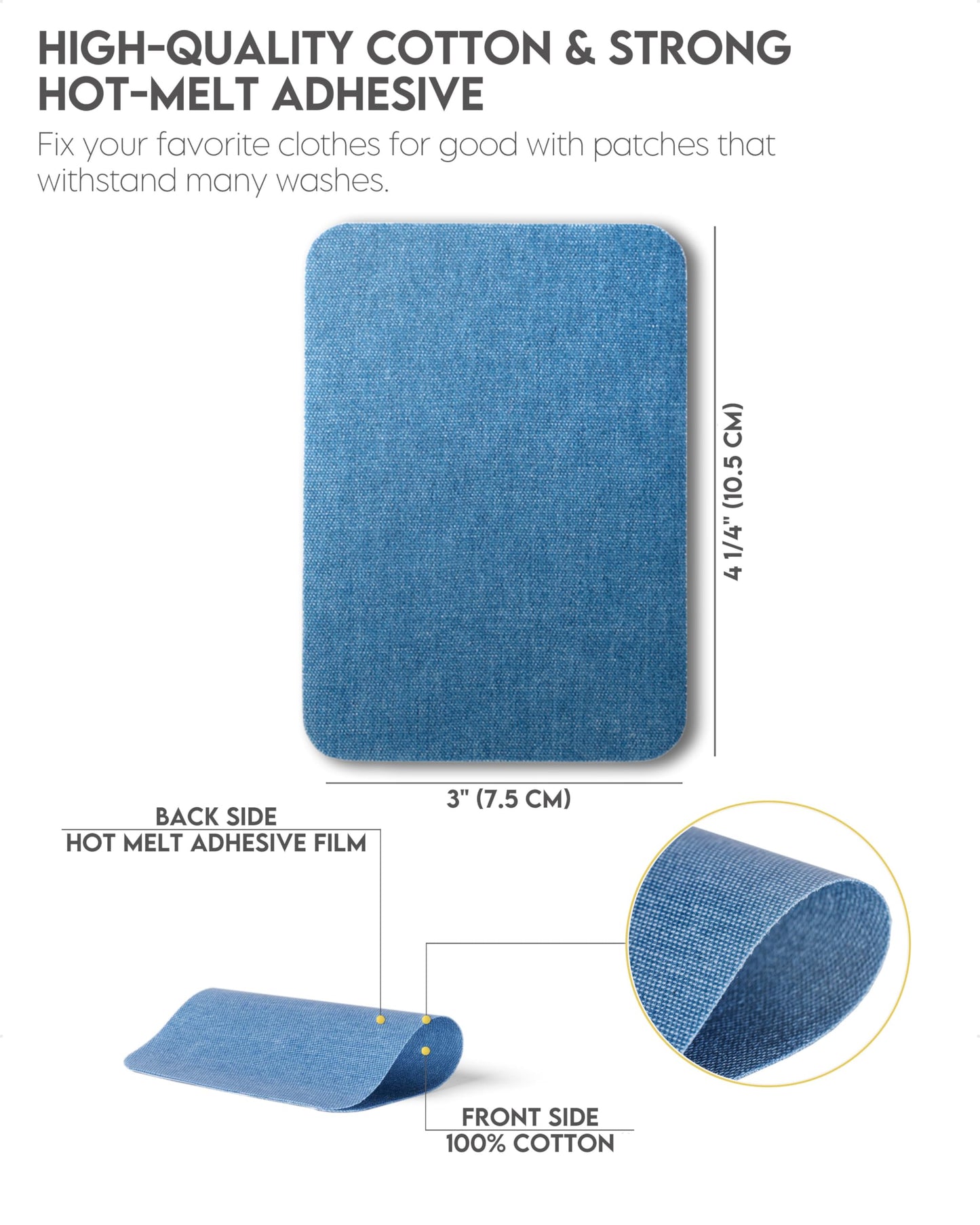 Denim Iron-on Patches Inside & Outside Strongest Glue 100% Cotton Black and White Repair Decorating Kit 12 Pieces Shades of Blue Size 3" by 4-1/4" (7.5 cm x 10.5 cm)