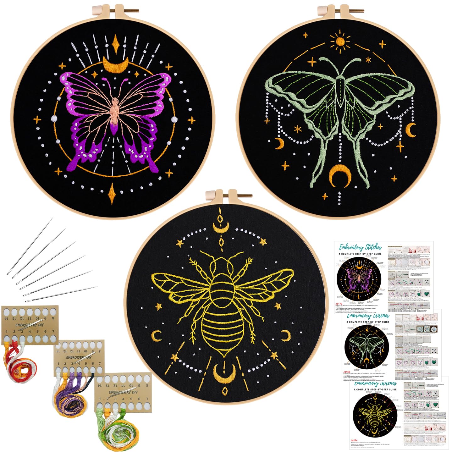 3 Sets Tarot Embroidery Kits for Beginners,Cross Stitch Kit for Adults,Crewel Starters Needlepoint with Moon, Butterfly, Bee and Moth Pattern and Tool