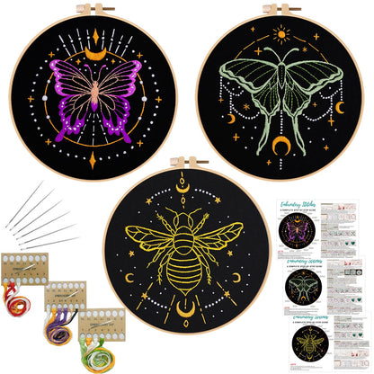 3 Sets Tarot Embroidery Kits for Beginners,Cross Stitch Kit for Adults,Crewel Starters Needlepoint with Moon, Butterfly, Bee and Moth Pattern and Tool