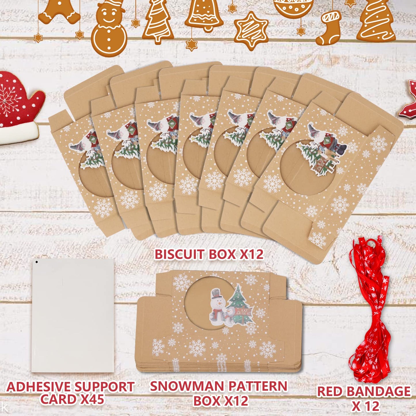 12 Packs Christmas Cookie Boxes with Window, Food Grade Kraft Bakery Boxes with Oilpaper and Ribbons, Cupcake Boxes for Holiday Gift Giving, Christmas Party Favors, Fits 12 Cookies or Cakes