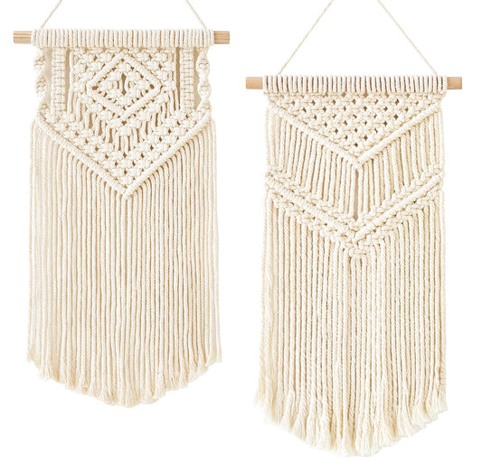 2 Pcs Macrame Wall Hanging Small Woven Tapestry Wall Art Decor - Beautiful for Boho Home Decor, Apartment, Nursery, Party Decorations, 16.5" L x 10" W and 17.5"x 10"W, Small