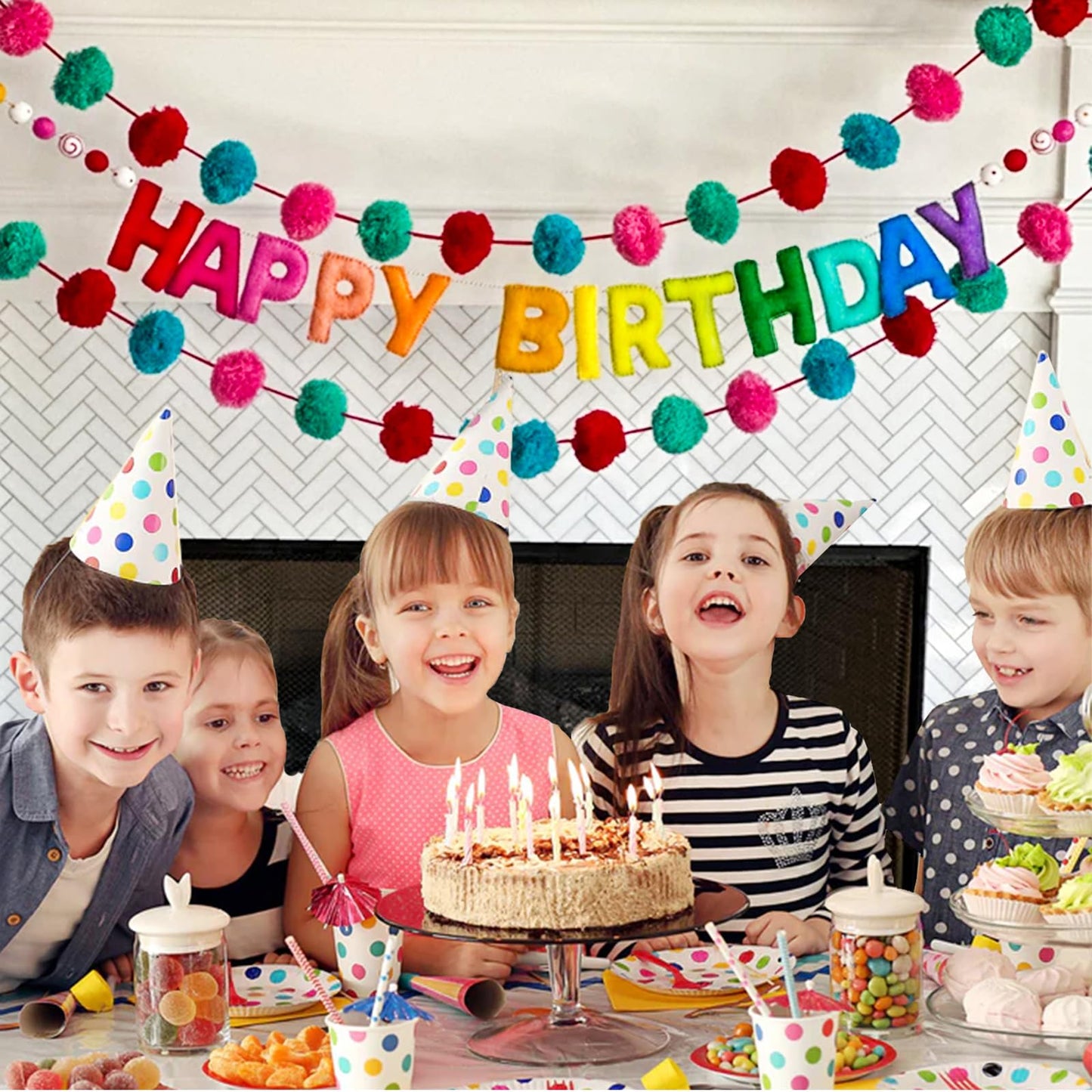 Pre-Strung Happy Birthday Banner - Felt Ball Garland - HAPPY BIRTHDAY Garland, Rainbow Birthday Decorations, Personalized Happy Birthday Sign for Birthday Decor, Party Decor, Photo Prop