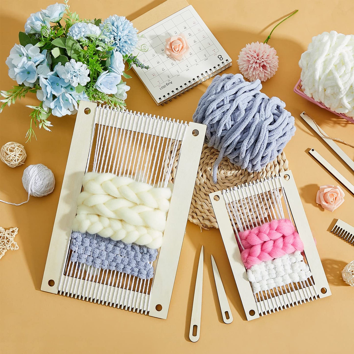 7 Pcs Weaving Loom Kit Small Weaving Loom for Beginners Wooden DIY Arts and Crafts with Wooden Stick,Comb,Crochet Needle for Adults Beginners Lovers Mother's Day Father's Day Birthday Gifts