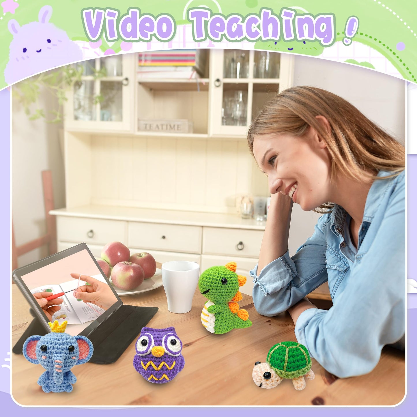 Knitting Kit for Beginners with 6 Pcs Crochet Animal Kit for Beginners in Step by Step Video Tutorials, Beginner Crochet Kit for Adults (Purple)