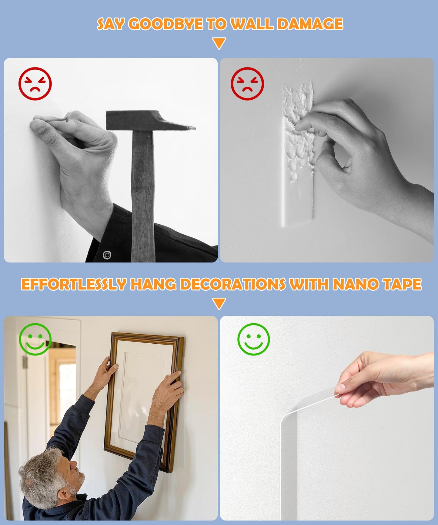 Double Sided Tape for Heavy Duty Applications, Removable Mounting Tape, Nano Tape, Extra Large Clear Transparent Adhesive Strips for Poster Carpet Picture Hanging Strip Rug Wall Outdoor, 1-Pack