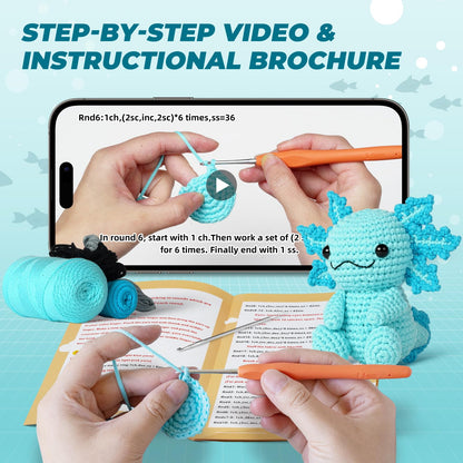 Crochet Kit for Beginners, Crochet Animal Kits,Crocheting Kit for Starters with Step-by-Step Video Tutorials, Beginner Crochet Kit for Adults (1Pack Blue Axolotl)