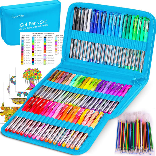 Markers for Adult Coloring Books, Coloring Markers for Teacher Appreciation Gift School Office Supplies, 120-Piece Art Set: 60 Gel Pens + 60 Refills with Travel Case for Kids Card Making