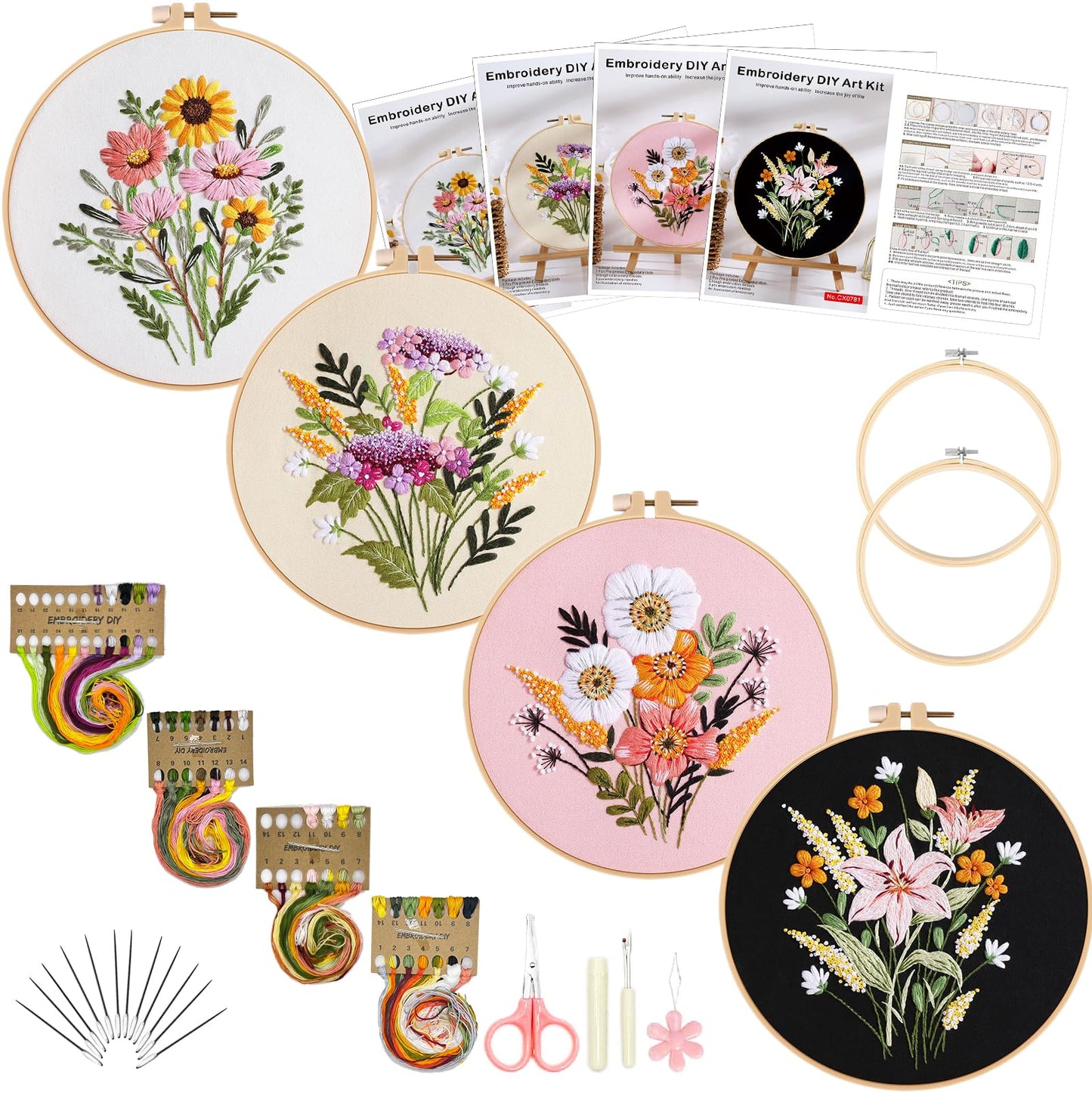 Flower Embroidery Kit for Beginners with Flower Pattern and Instructions,4 Pack Cross Stitch Kits,2 Wooden Embroidery Hoops,Threads and Needles,Needlepoint Kit for Adults