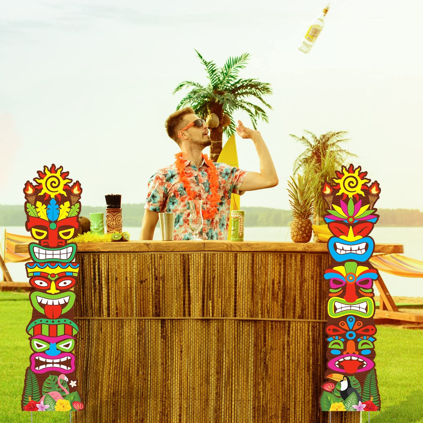 2 Pcs Tiki Yard Sign Luau Hawaiian Tropical Party Decoration Outdoor Tiki Bar Sign with Stakes for Summer