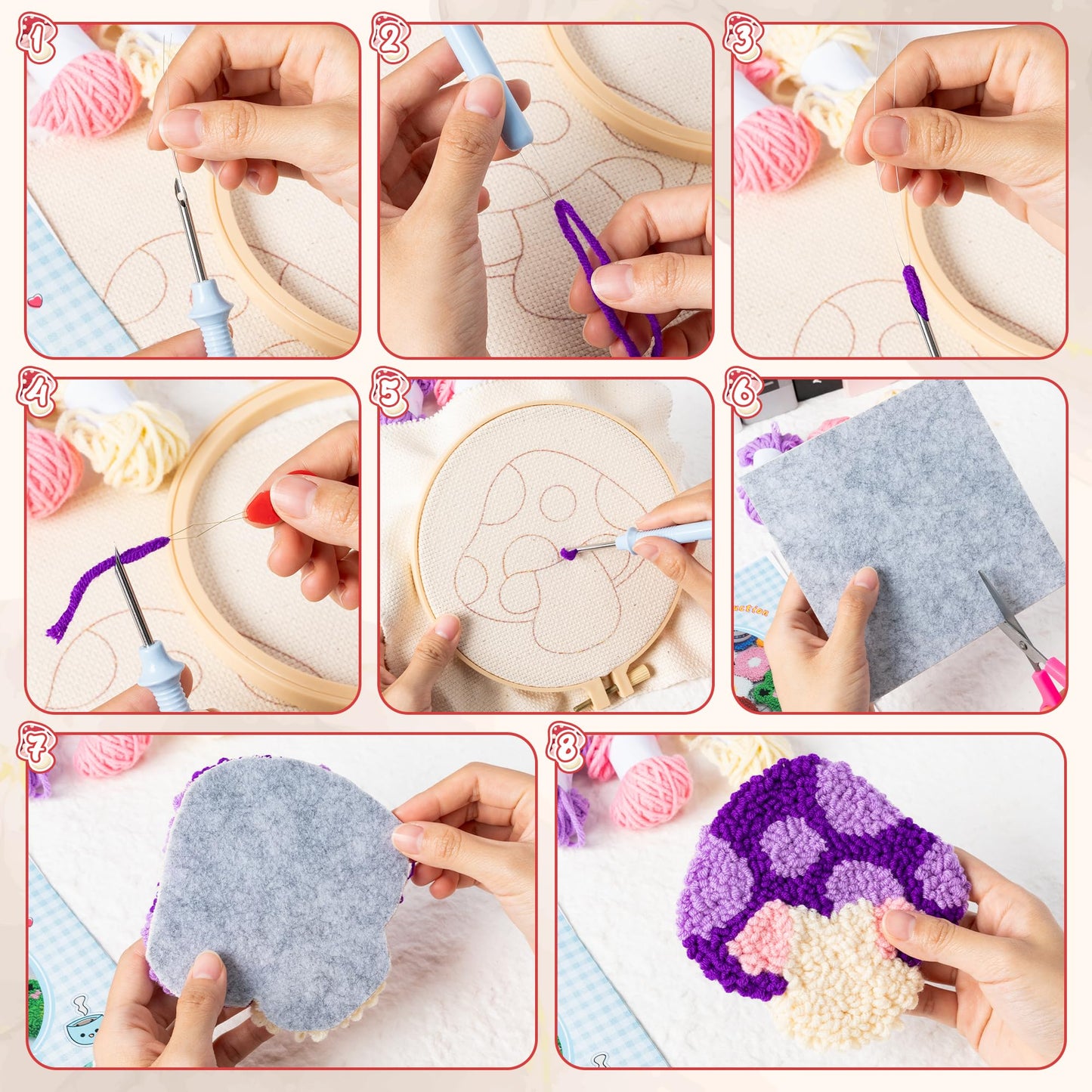 Mushroom Punch Needle Coaster Kit - 22Pcs Easy Art Work Decor Coasters Kits for Beginners, DIY Set of 6 Mushroom Pattern Tufted Rug Pads with Adhesive Felt Yarns Embroidery Hoop Instruction
