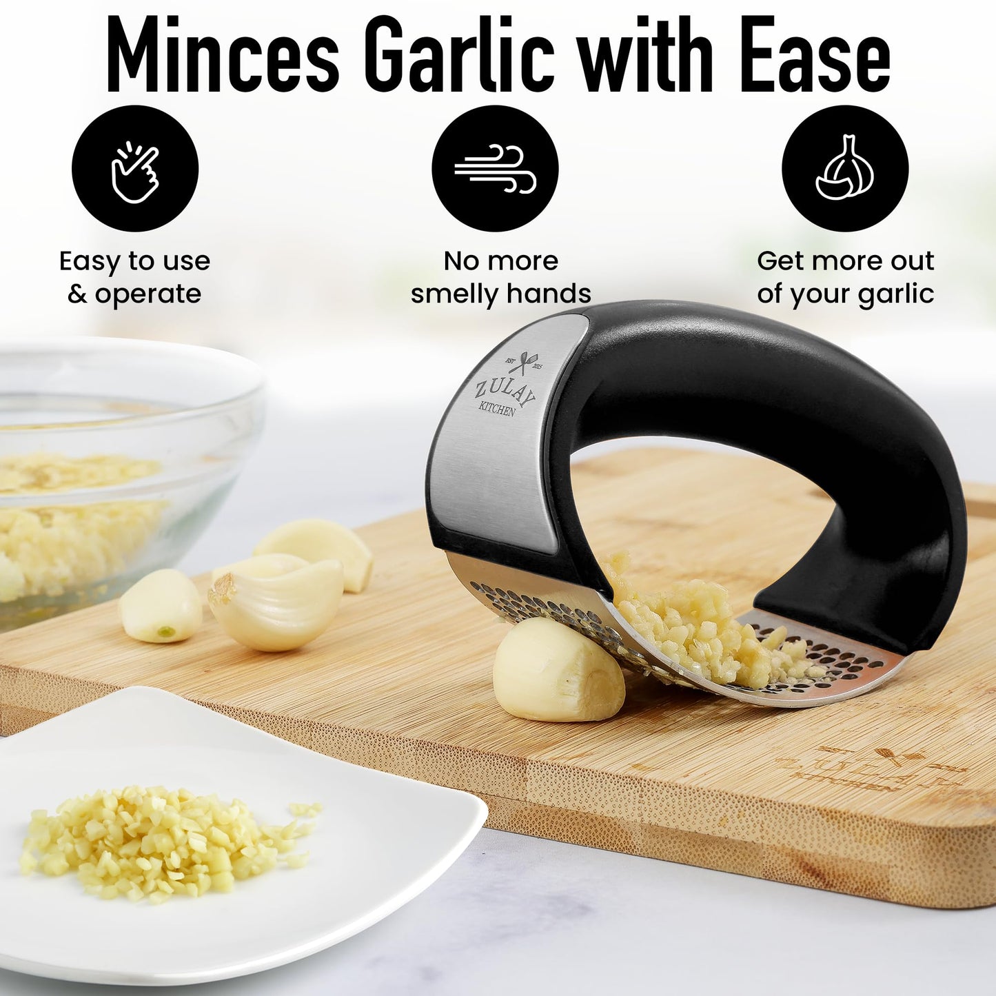 Stainless Steel Garlic Press Rocker Set - Premium Garlic Mincer Garlic Crusher - New Innovative Garlic Crusher with Peeler and Scraper - Comfortable Grip (Black) & Organizer Storage Tote Bag