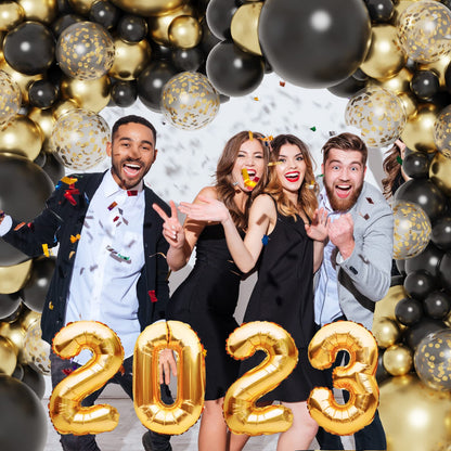 130pcs Black and Gold Balloons, Black Metal Gold and Metallic Confetti Gold Balloons for 2025 Graduation Class Decorations Retiremen Party Baby Shower Wedding Birthday Anniversary