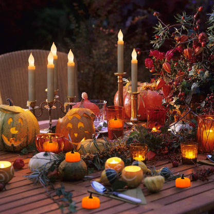 Halloween 12 Pack LED Pumpkin Lights, Jack-O'-Lantern, Small Orange Flickering Tea Lights, for Halloween, Fall Festival Decorations