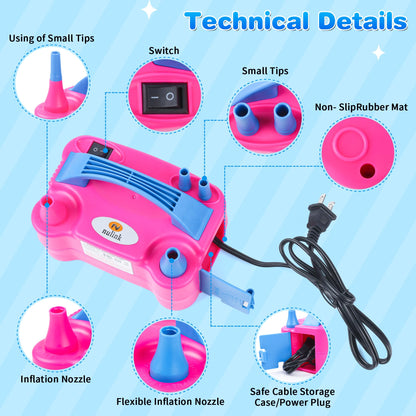 Electric Portable Dual Nozzle Balloon Blower Pump Inflation for Decoration, Party, Sport [110V~120V, 600W, Rose Red]