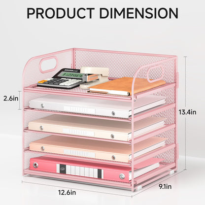 5 Tray Paper Organizer Letter Tray with Handle - Mesh Desk File Organizer, Paper Sorter Organizer for Office, Home or School File Folder Holder - Pink