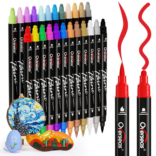 Acrylic Paint Markers, 24 Colors Paint Pens Acrylic Markers Dual Tip with Brush Tip and Dot Tip, No Bleeding Coloring Markers for Wood, Rock, Canvas, Glass, Metal, Ceramic, Plastic, Fabric