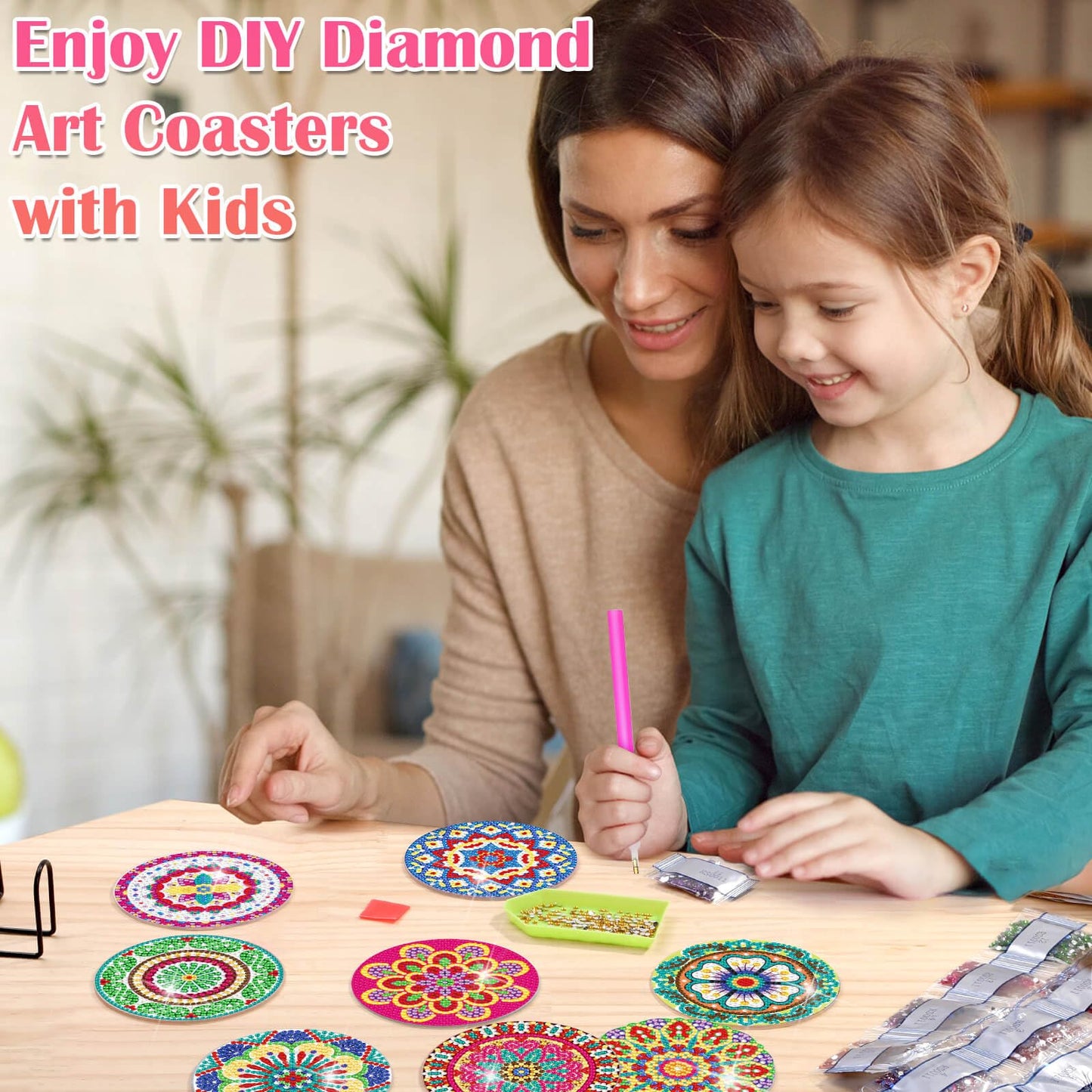 8 Pieces Diamond Art Painting Coasters Kit with Holder, Diamond Art Coasters, Arts and Crafts for Adults, Small Diamond Craft Kits for Beginners